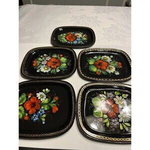 5 Vintage Zhostovo Soviet Russian Hand Painted Flowers Toleware Trays Yeha 8x6”